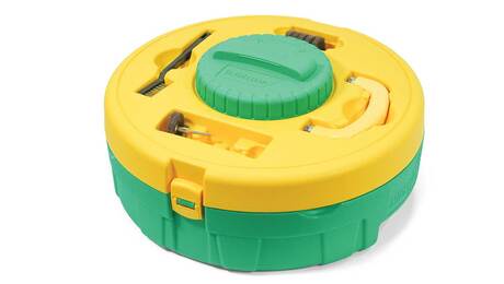 Cleaning system by MicroJig $100, All in one. The main tub holds the blade-cleaning pad and soapy solution. The cover holds a second reservoir for cleaning router bits, along with all of the accessories you need.