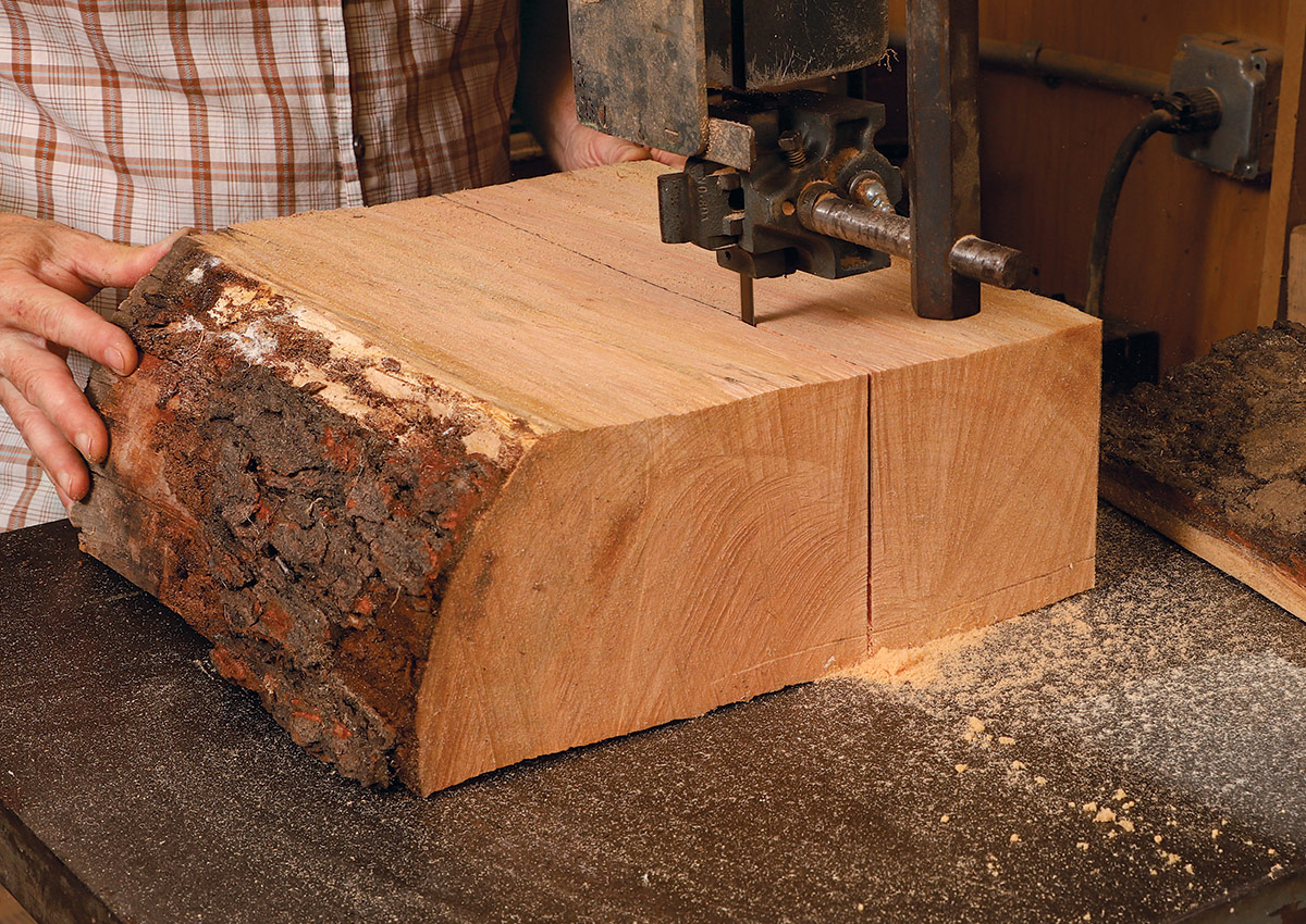 bandsawing a blank from a green cherry log slice