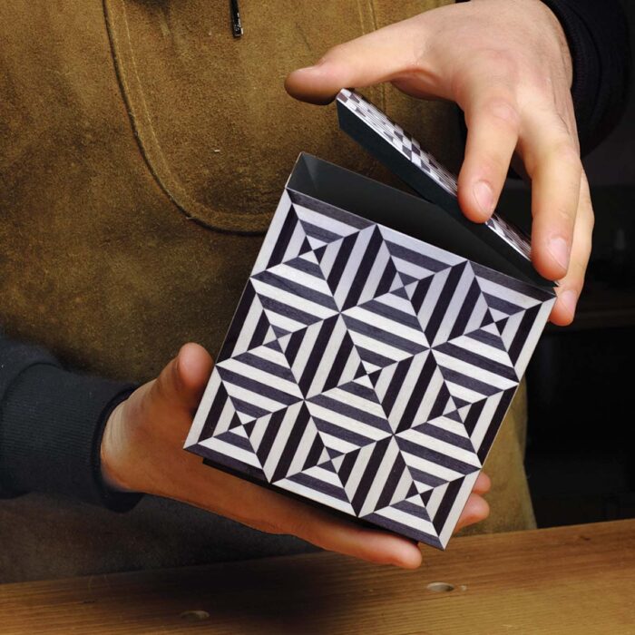 Vasko shows the front of the box and how the beveled lid rests inside.
