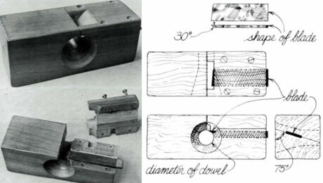 a picture of the DIY dowel maker next to an illustration of how it works.