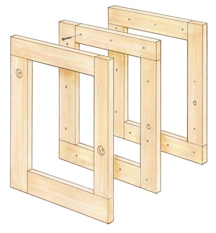 Illustration of arm assembly. Highlights the placement and direction of screws and holes made on the drill press. 